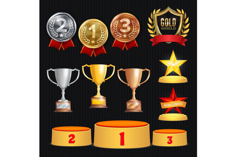 award-trophies-vector-set-achievement-for-1st-2nd-3rd-place-ranks-ceremony-placement-podium-golden-silver-bronze-achievement-championship-stars-laurel-wreath-with-gold-shield