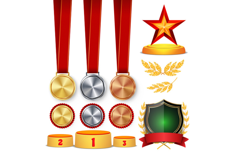 ceremony-winner-honor-prize-trophy-awards-cups-golden-laurel-wreath-with-red-ribbon-and-gold-shield-medals-template-sports-placement-podium-1st-2nd-3rd-place-isolated-vector-illustration