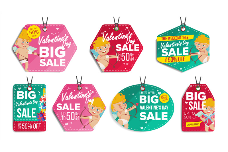 valentine-s-day-sale-tags-vector-colorful-shopping-discounts-stickers-cupid-love-discount-concept-season-february-14-sale-red-green-banners-promotion-illustration