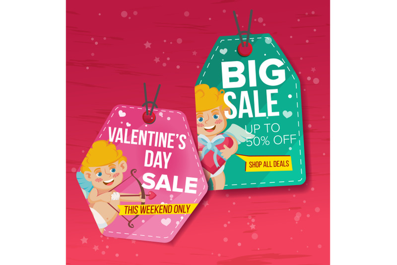 valentine-s-day-theme-sale-tags-vector-flat-paper-hanging-love-stickers-cupid-february-14-discount-hanging-banners-for-holiday-discount-promotion-winter-illustration