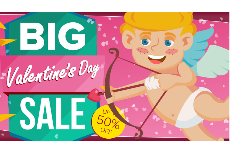 valentine-s-day-sale-banner-vector-happy-cupid-design-for-web-flyer-february-14-card-advertising-limited-clearance-business-advertising-illustration