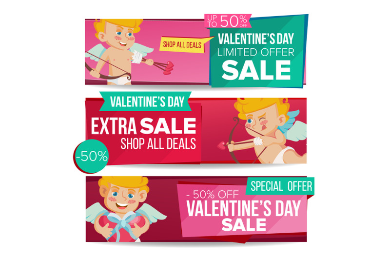 valentine-s-day-sale-banner-vector-february-14-cupid-discount-tag-special-love-offer-horizontal-banners-valentine-discount-and-promotion-half-price-romantic-stickers-isolated-illustration