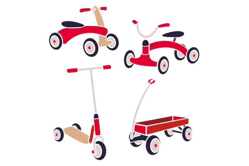 vintage-kids-toys-bicycle-kick-scooter-red-wagon-vector-collection