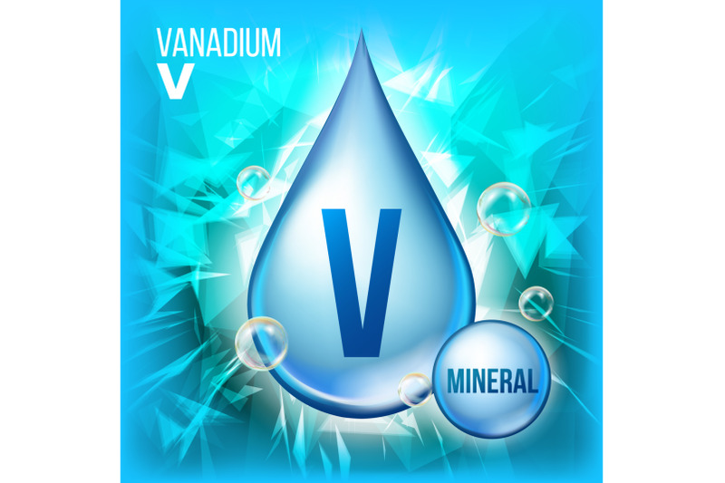 v-vanadium-vector-mineral-blue-drop-icon-vitamin-liquid-droplet-icon-substance-for-beauty-cosmetic-heath-promo-ads-design-3d-mineral-complex-with-chemical-formula-illustration