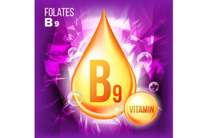 vitamin-b9-folates-vector-vitamin-gold-oil-drop-icon-medicine-liquid-golden-substance-for-beauty-cosmetic-heath-promo-ads-design-drip-3d-complex-with-chemical-formula-illustration