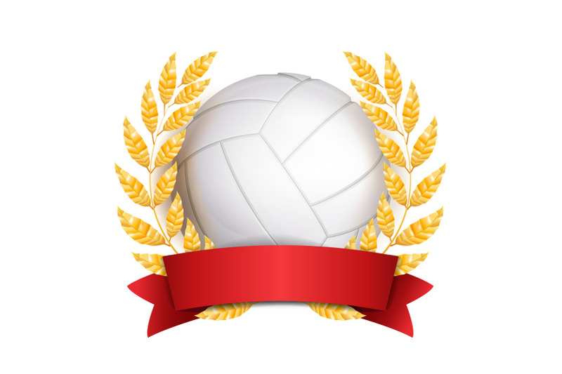 volleyball-award-vector-sport-banner-background-white-ball-red-ribbon-laurel-wreath-3d-realistic-isolated-illustration