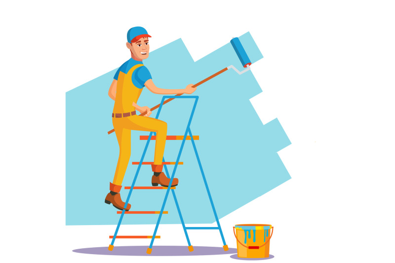 professional-painter-vector-painting-brush-roller-craftsman-painting-wall-flat-cartoon-illustration