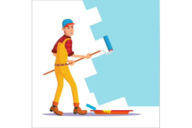 professional-painter-vector-painting-brush-roller-craftsman-painting-wall-flat-cartoon-illustration