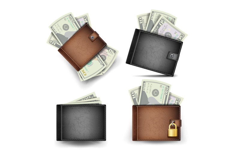 wallet-set-vector-dollar-banknotes-realistic-3d-classic-brown-and-black-leather-wallet-locked-with-padlock-modern-finance-secure-concept-isolated-on-white-background-illustration