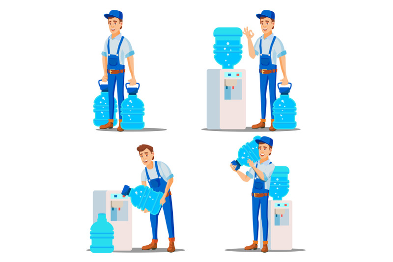 water-delivery-service-man-set-vector-treatment-office-drink-in-plastic-bottles-water-cooler-rental-supply-shipping-isolated-flat-cartoon-illustration