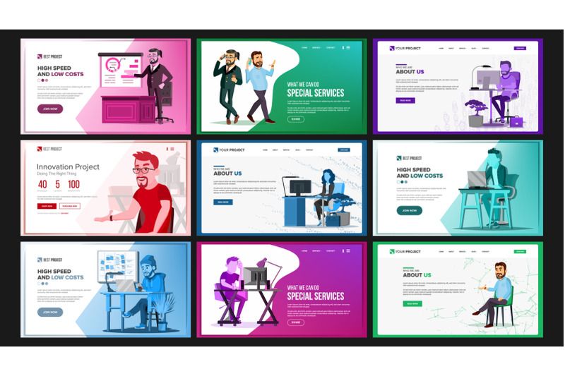 website-design-template-set-vector-business-landing-it-technology-modern-online-services-architecture-landing-page-web-site-cartoon-person-creative-project-optimization-progress-illustration