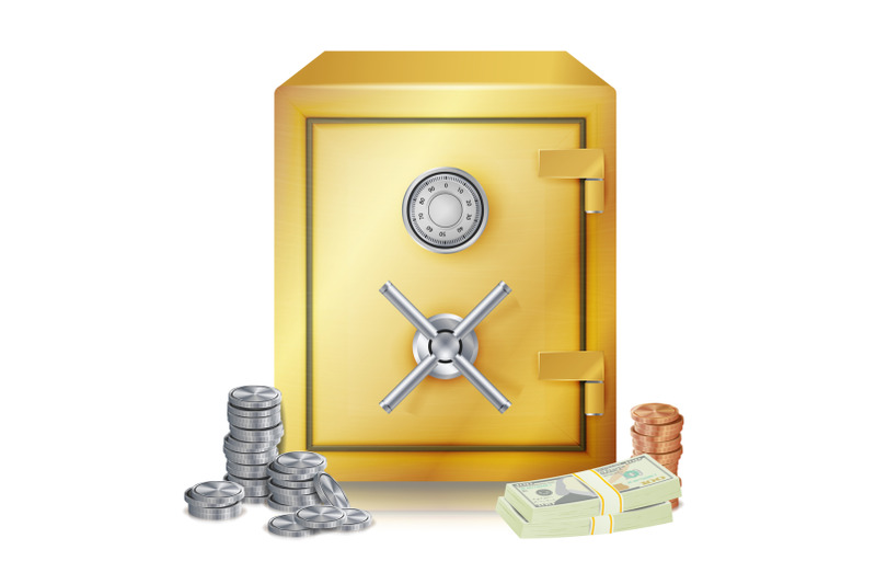 safe-and-money-stacks-vector-metal-coins-vector-isolated-illustration