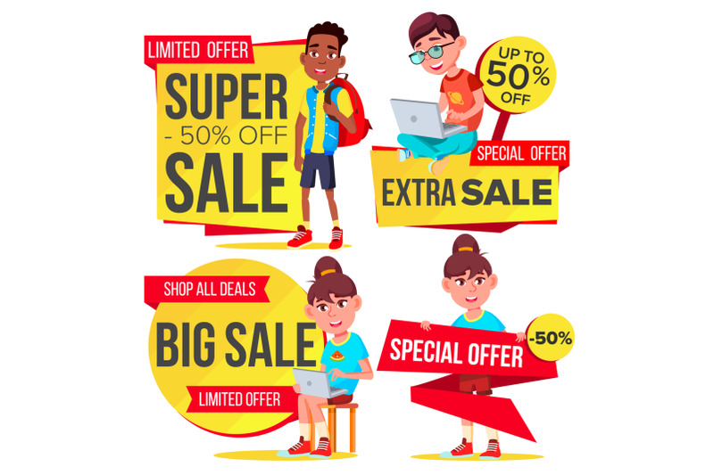 big-sale-banner-set-vector-school-children-pupil-template-for-advertising-discount-tag-special-offer-banner-up-to-50-percent-off-badges-isolated-illustration