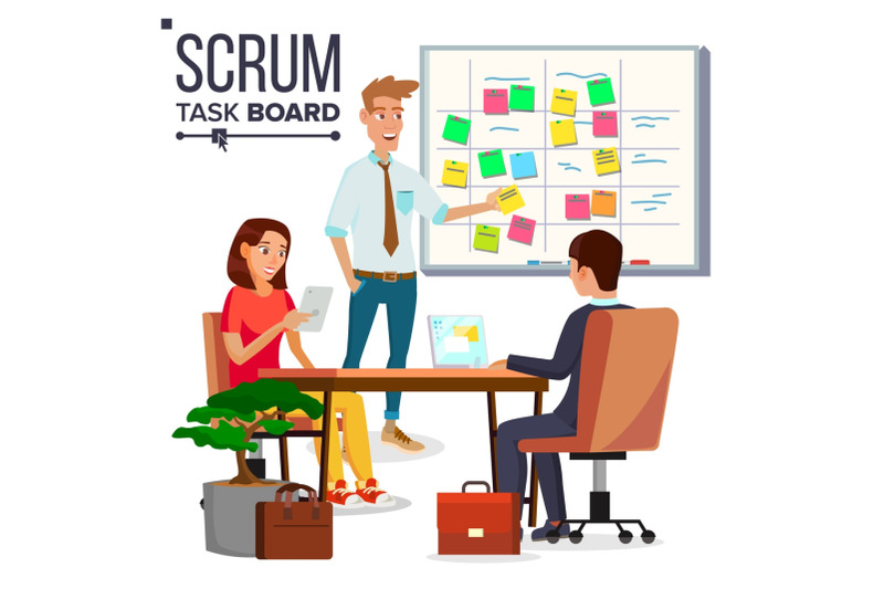 business-characters-scrum-team-work-vector-teamwork-scheme-planning-on-whiteboard-team-room-full-of-tasks-on-sticky-note-cards-isolated-flat-cartoon-illustration