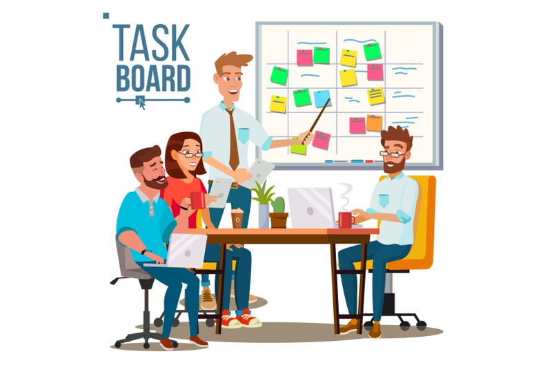 business-characters-team-work-vector-planning-team-work-at-the-scrum-board-it-startup-isolated-flat-cartoon-illustration