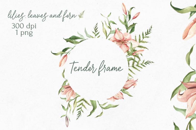 watercolor-floral-frame-of-lilies-leaves-buds-ferns-wedding-frame