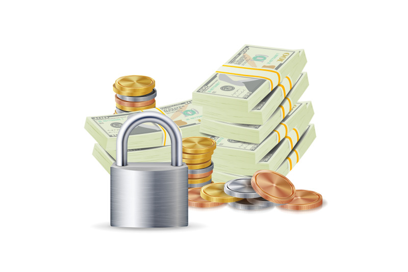 finance-secure-concept-vector-metal-coins-money-banknotes-stacks-steel-padlock-finance-banking-illustration-isolated-on-white