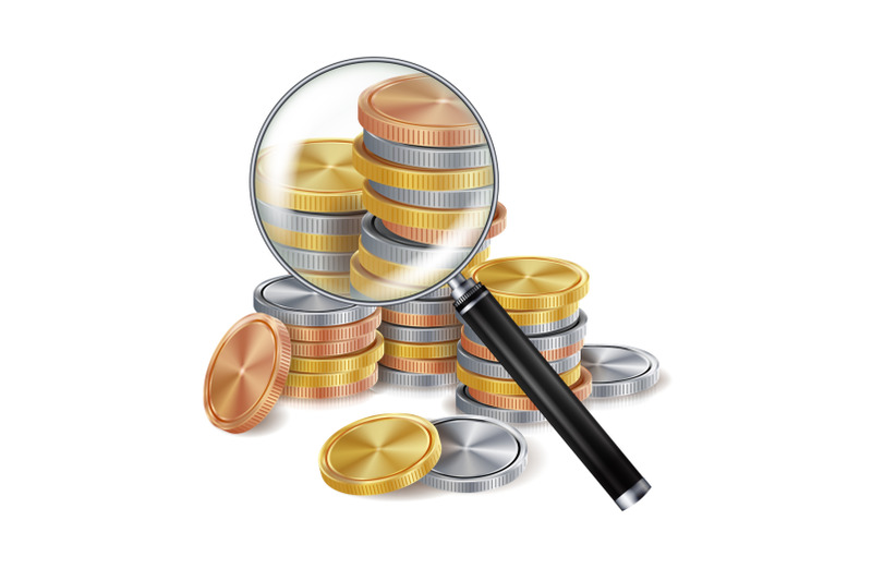 magnifier-and-coin-vector-metal-coins-success-finance-banking-illustration