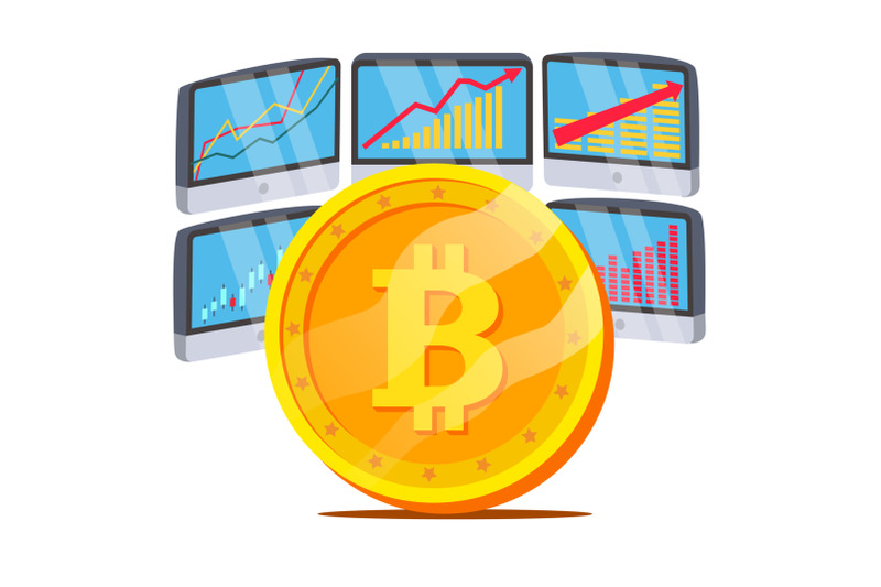 bitcoin-with-graph-diagram-vector-trading-monitors-and-trend-digital-money-cryptocurrency-investment-concept-isolated-on-white-illustration