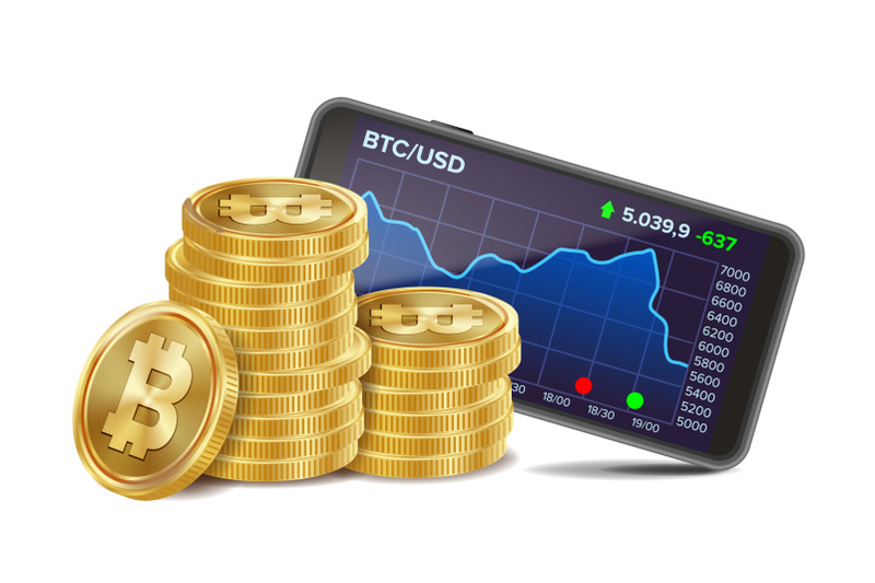 smartphone-with-bitcoin-trading-chart-vector-realistic-golden-coins-virtual-money-isolated-on-white-illustration