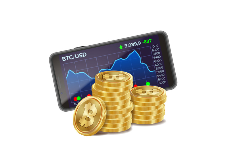 smartphone-and-bitcoin-coins-vector-digital-money-cryptocurrency-investment-concept-realistic-3d-gold-coins-isolated-on-white-illustration