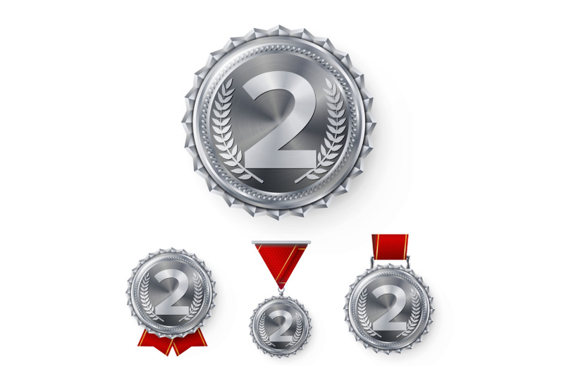 champion-silver-medals-set-vector-metal-realistic-2nd-placement-winner-achievement-number-two-round-medal-with-red-ribbon-relief-detail-best-challenge-award-sport-competition-game-chrome-trophy