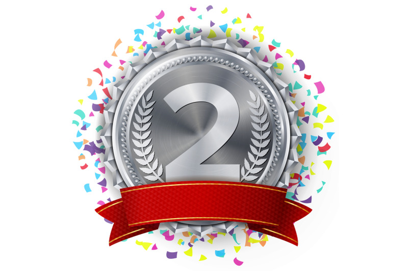 silver-medal-vector-silver-2nd-place-competition-challenge-award-falling-bright-confetti-red-ribbon-isolated-olive-branch-realistic-illustration