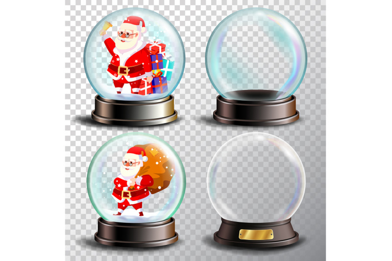 christmas-snowglobe-set-vector-empty-snow-globe-winter-xmas-design-element-glossy-dome-magic-xmas-holiday-souvenir-cute-santa-claus-with-gifts-transparency-souvenir-realistic-illustration