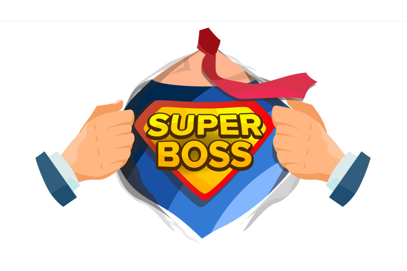 super-boss-sign-vector-successful-business-man-super-leader-superhero-open-shirt-with-shield-badge-isolated-flat-cartoon-comic-illustration