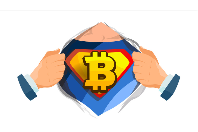 bitcoin-sign-vector-superhero-open-shirt-with-shield-badge-mining-technology-for-currency-isolated-flat-cartoon-comic-illustration
