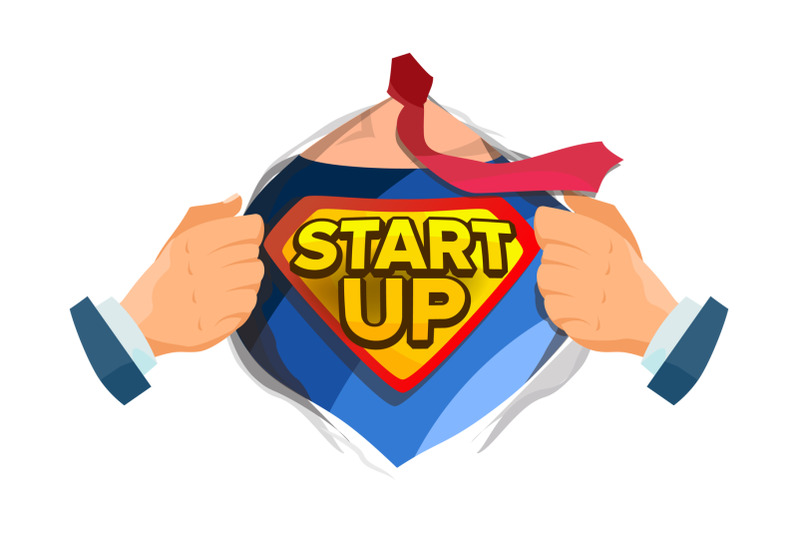 startup-sign-vector-superhero-open-shirt-with-shield-badge-business-start-up-sign-isolated-flat-cartoon-comic-illustration