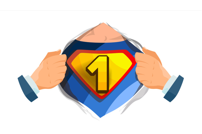 number-one-sign-vector-superhero-open-shirt-with-shield-badge-isolated-flat-cartoon-comic-illustration