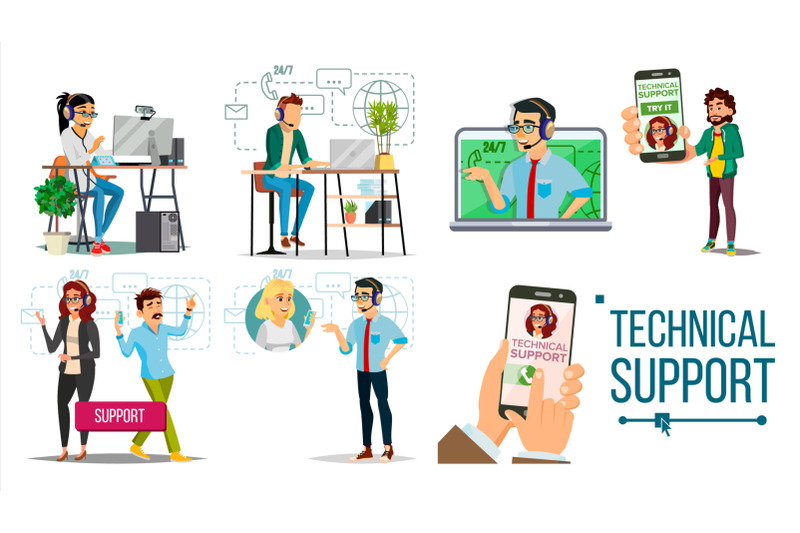 technical-support-vector-online-24-7-technical-support-headset-support-service-operator-and-customer-answering-specialist-ready-to-solve-problem-flat-isolated-illustration