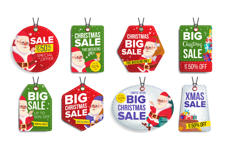 christmas-sale-tags-vector-flat-christmas-special-offer-stickers-santa-claus-50-off-text-hanging-red-green-blue-banners-with-half-price-modern-illustration