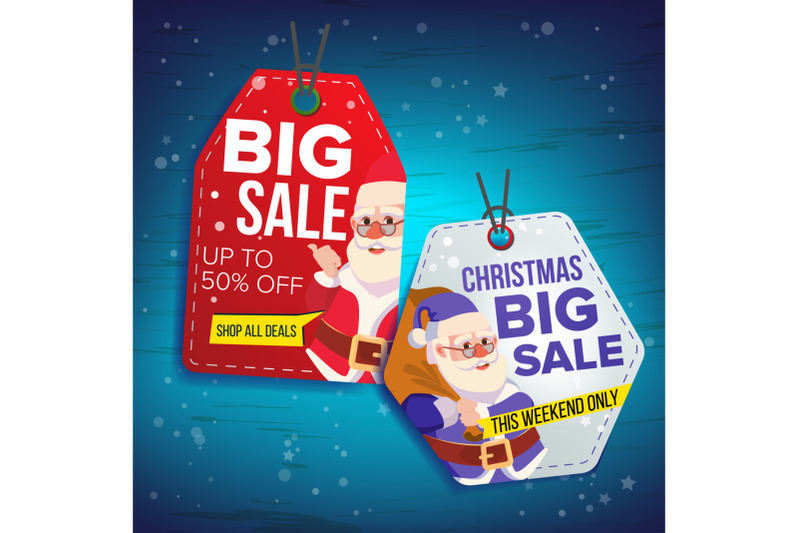 christmas-sale-tags-vector-flat-christmas-special-offer-stickers-santa-claus-50-off-text-hanging-sale-banners-with-half-price-modern-illustration