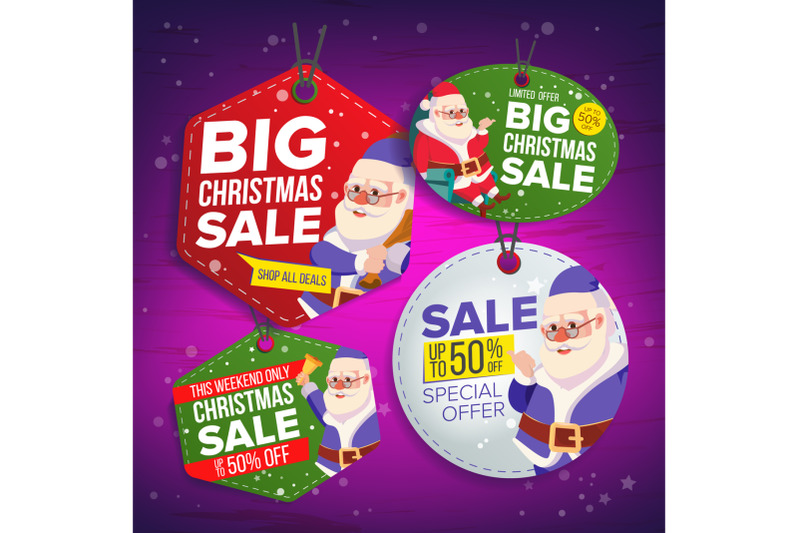 christmas-sale-tags-vector-flat-christmas-special-offer-stickers-santa-claus-hanging-sale-banners-half-price-modern-illustration