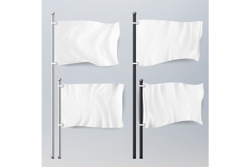 various-clean-empty-white-flags-and-banners-pictograms-mockup-white-flags-and-textile-banners-folds-template-set-advertising-blank-banner-fabric-canvas-poster-vector-illustration