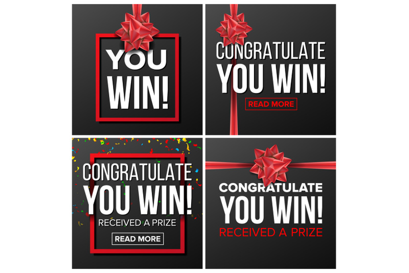 you-win-banner-set-vector-festive-sign-realistic-red-satin-bow-lottery-surprise-prize-winner-concept-congratulations-gift-card-illustration