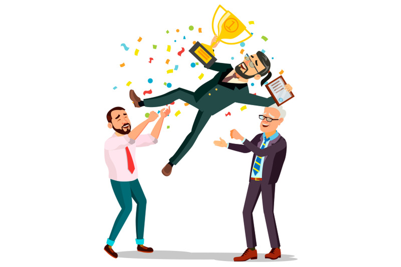 winner-businessman-vector-throwing-colleague-up-colleague-celebrating-goal-achievement-holding-golden-cup-champion-number-one-flat-cartoon-illustration