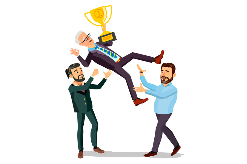 winner-businessman-vector-throwing-colleague-up-business-people-celebrating-victory-with-golden-trophy-first-prize-flat-cartoon-illustration