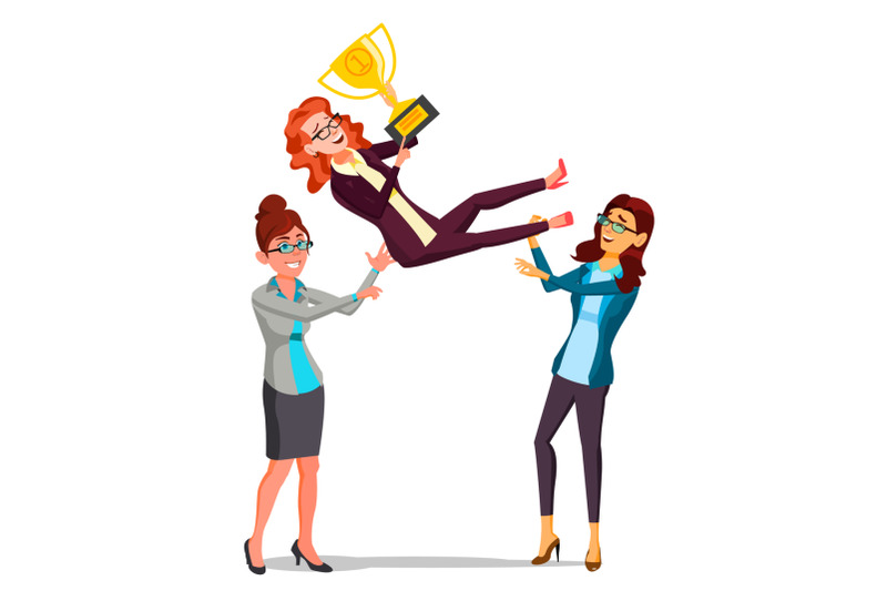winner-business-woman-vector-throwing-colleague-up-business-people-celebrating-victory-with-golden-trophy-first-prize-flat-cartoon-illustration
