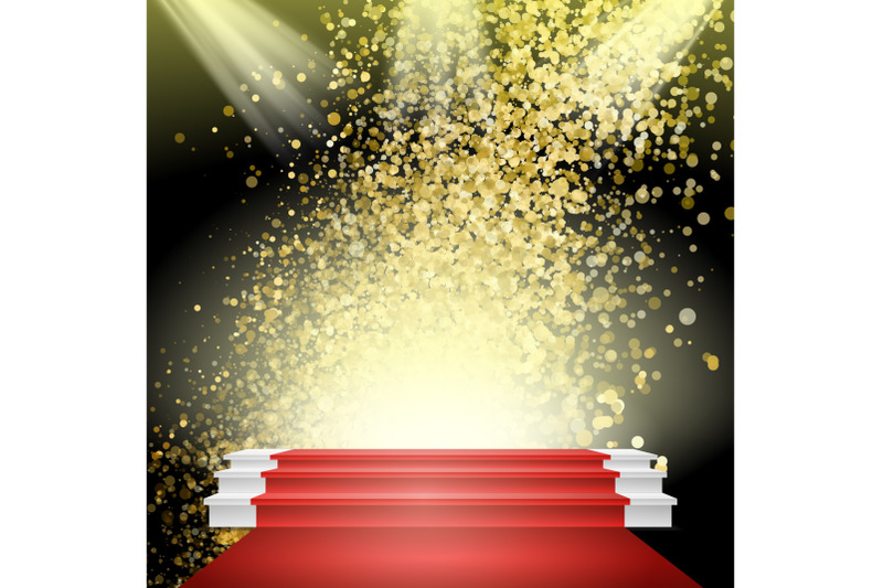 white-winners-podium-vector-red-carpet-gold-glitter-cloud-or-shining-particles-explosion-stage-for-awards-ceremony-illustration
