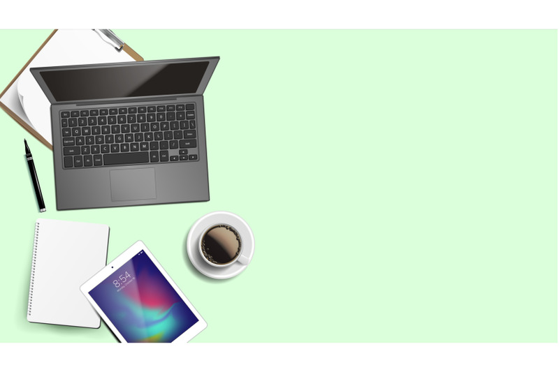 modern-business-office-workplace-background-vector-working-process-banner-laptop-computer-keyboard-coffee-cup-smartphone-notebook-table-inspiration-illustration