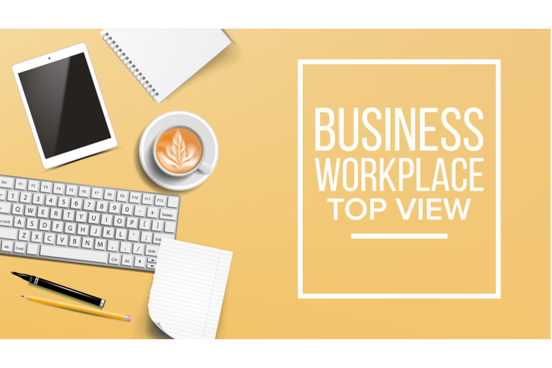 top-view-workplace-background-vector-development-desk-organization-computer-keyboard-coffee-cup-smartphone-notebook-table-illustration