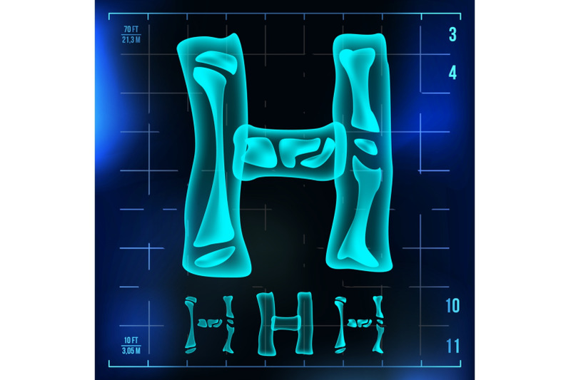 h-letter-vector-capital-digit-roentgen-x-ray-font-light-sign-medical-radiology-neon-scan-effect-alphabet-3d-blue-light-digit-with-bone-medical-pirate-futuristic-horror-style-illustration