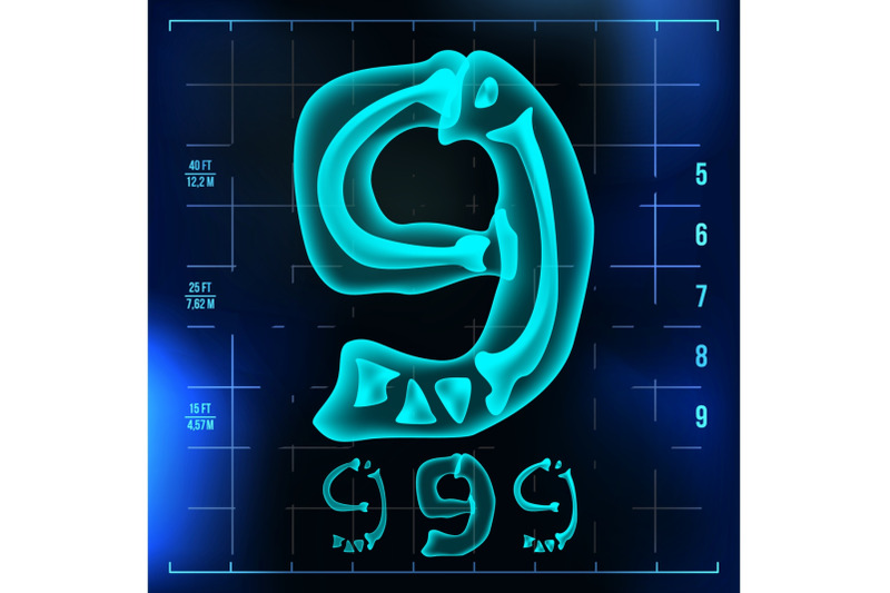 9-number-vector-nine-roentgen-x-ray-font-light-sign-medical-radiology-neon-scan-effect-alphabet-3d-blue-light-digit-with-bone-medical-hospital-pirate-futuristic-style-illustration