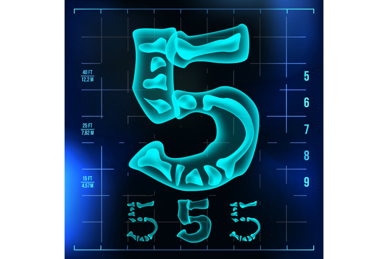 5-number-vector-five-roentgen-x-ray-font-light-sign-medical-radiology-neon-scan-effect-alphabet-3d-blue-light-digit-with-bone-medical-hospital-pirate-futuristic-style-illustration