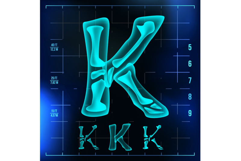 k-letter-vector-capital-digit-roentgen-x-ray-font-light-sign-medical-radiology-neon-scan-effect-alphabet-3d-blue-light-digit-with-bone-medical-hospital-futuristic-horror-style-illustration