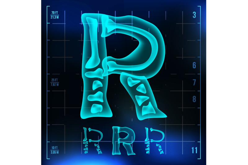 r-letter-vector-capital-digit-roentgen-x-ray-font-light-sign-medical-radiology-neon-scan-effect-alphabet-3d-blue-light-digit-with-bone-medical-pirate-futuristic-horror-style-illustration