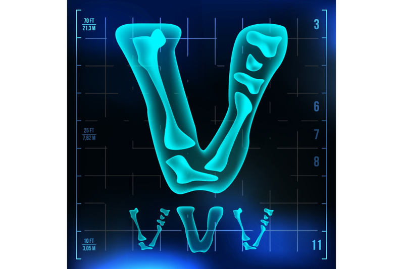 v-letter-vector-capital-digit-roentgen-x-ray-font-light-sign-medical-radiology-neon-scan-effect-alphabet-3d-blue-light-digit-with-bone-medical-hospital-futuristic-horror-style-illustration